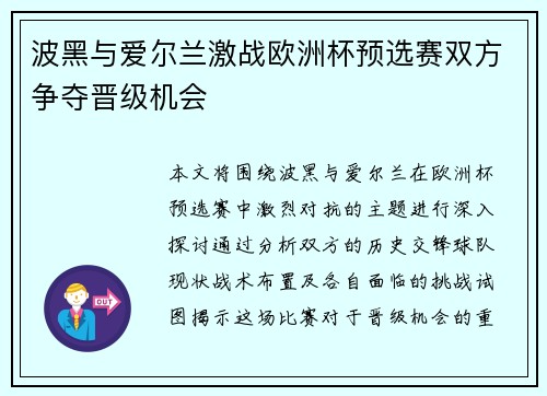 波黑与爱尔兰激战欧洲杯预选赛双方争夺晋级机会