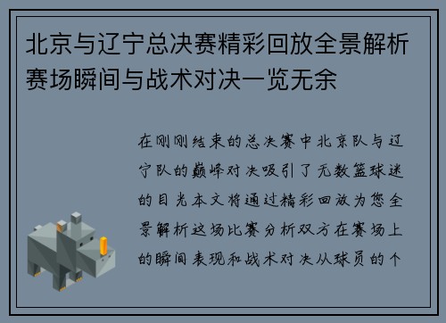 北京与辽宁总决赛精彩回放全景解析赛场瞬间与战术对决一览无余