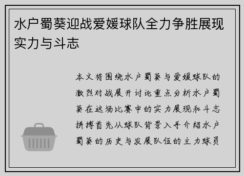 水户蜀葵迎战爱媛球队全力争胜展现实力与斗志