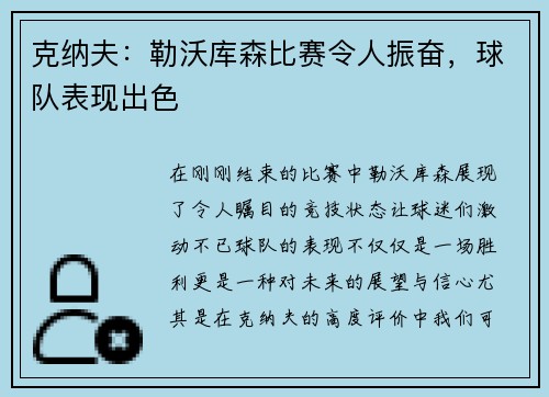 克纳夫：勒沃库森比赛令人振奋，球队表现出色