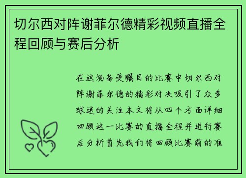 切尔西对阵谢菲尔德精彩视频直播全程回顾与赛后分析