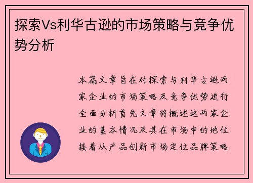 探索Vs利华古逊的市场策略与竞争优势分析