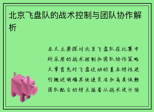 北京飞盘队的战术控制与团队协作解析