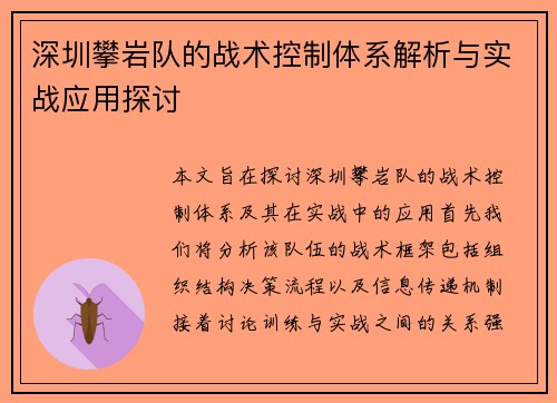 深圳攀岩队的战术控制体系解析与实战应用探讨
