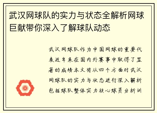 武汉网球队的实力与状态全解析网球巨献带你深入了解球队动态