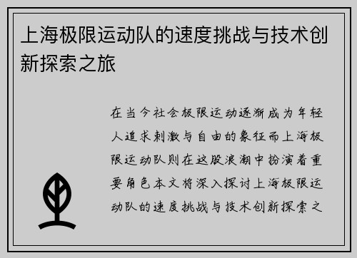 上海极限运动队的速度挑战与技术创新探索之旅
