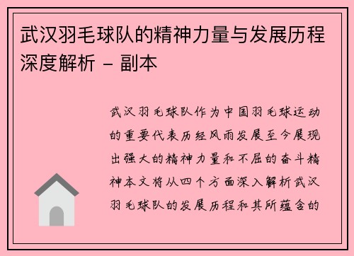 武汉羽毛球队的精神力量与发展历程深度解析 - 副本